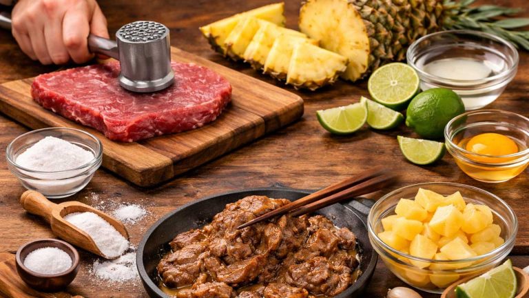 Người đang dùng mẹo làm mềm thịt bò nhanh bằng cách đập thịt và dùng nguyên liệu tự nhiên