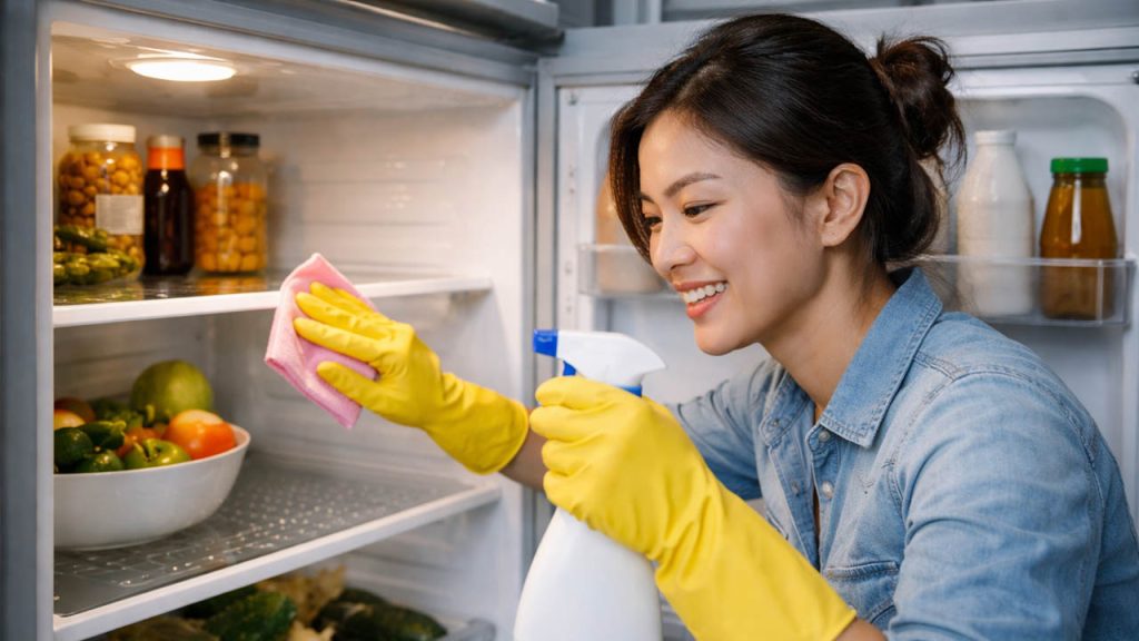 Người phụ nữ đang lau chùi và vệ sinh tủ lạnh sạch sẽ bằng khăn và dung dịch tẩy rửa