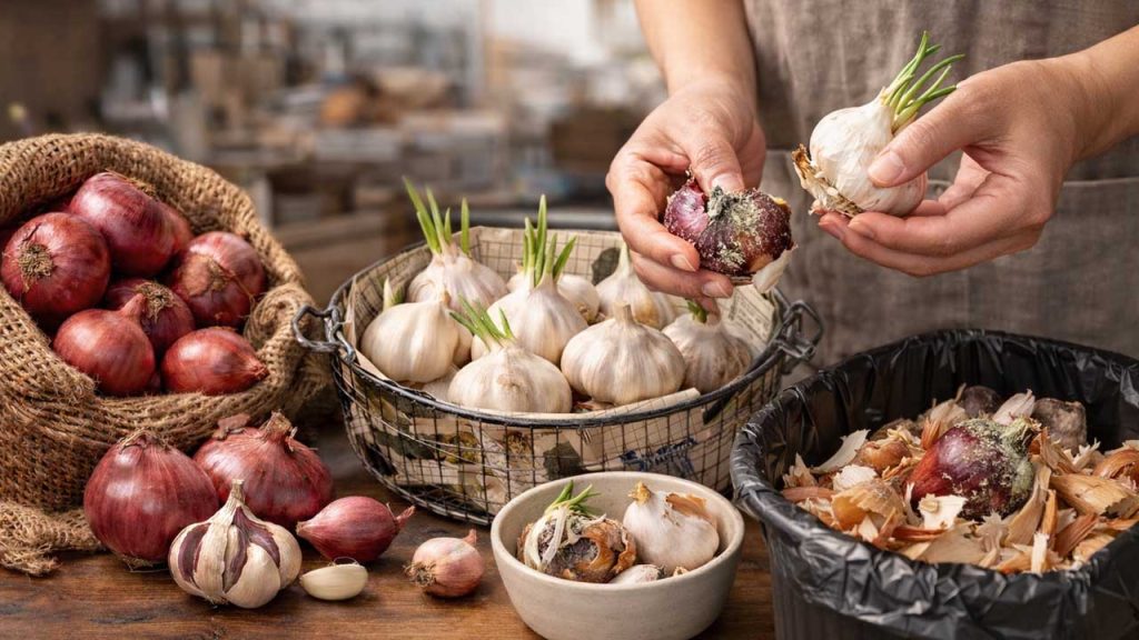 Cách bảo quản hành tỏi không bị mọc mầm - Người đang kiểm tra hành tỏi và loại bỏ những củ bị hư để tránh lây lan