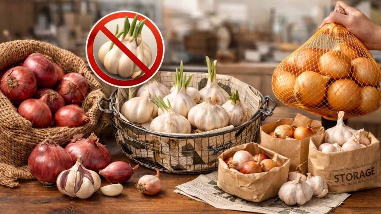 Cách bảo quản hành tỏi không bị mọc mầm với hành tây và tỏi để trong giỏ thoáng khí