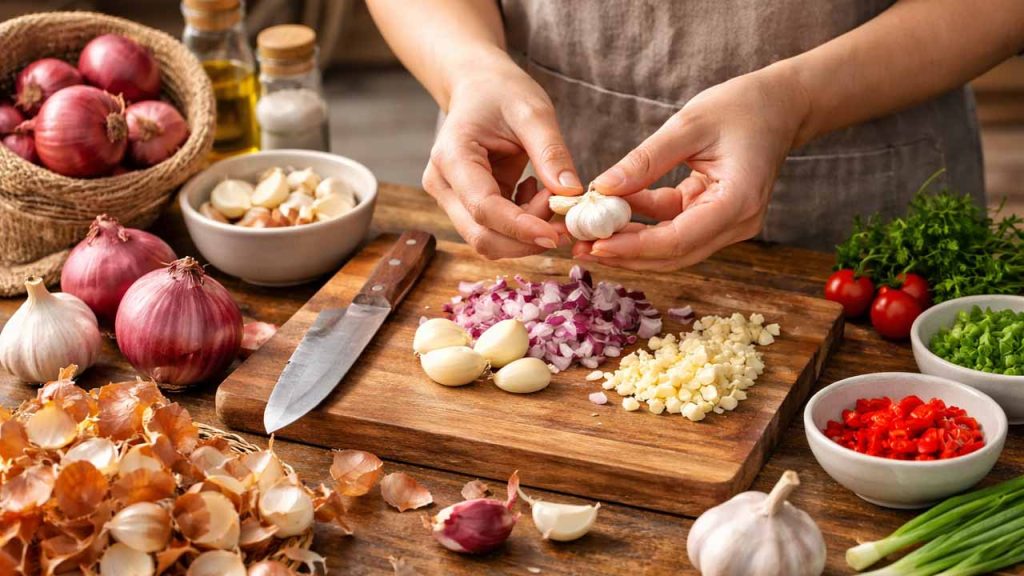 Cách bảo quản hành tỏi không bị mọc mầm - Người đang bóc hành và tỏi tươi để chuẩn bị chế biến món ăn