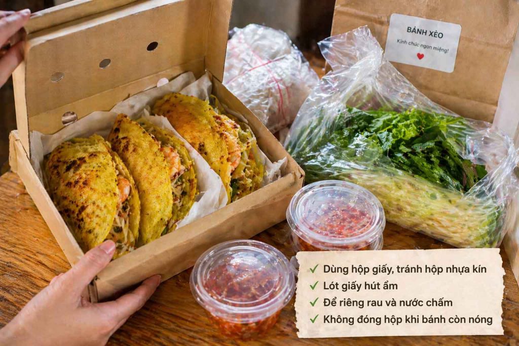 Cách giữ bánh xèo giòn lâu khi để trên rack và đóng hộp mang đi