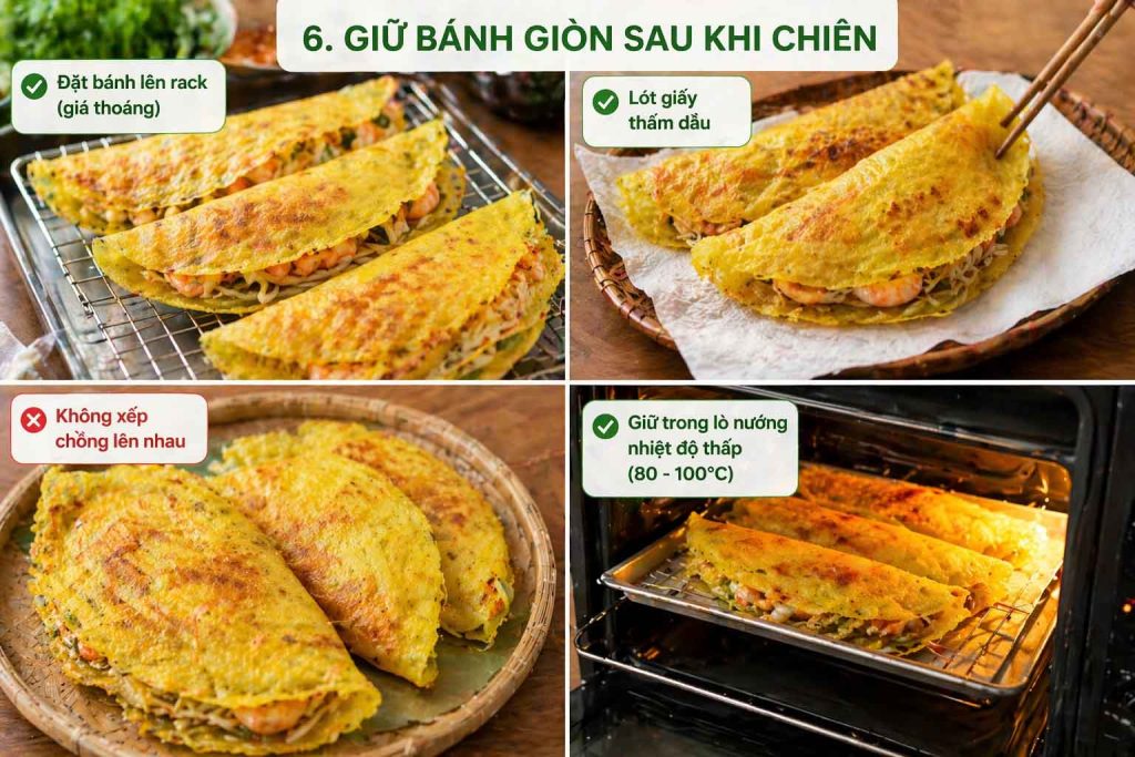 Cách giữ bánh xèo giòn lâu sau khi chiên bằng cách đặt lên rack và không xếp chồng