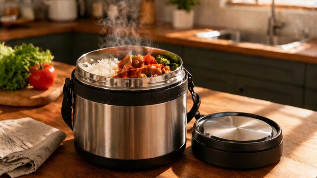 Giữ đồ ăn nóng lâu bằng hộp giữ nhiệt với thức ăn còn bốc hơi nóng