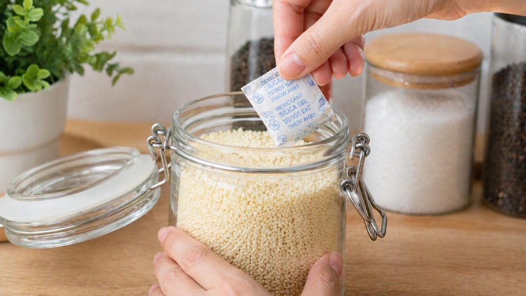 Cho gói hút ẩm vào hũ hạt nêm giúp bảo quản không bị ẩm