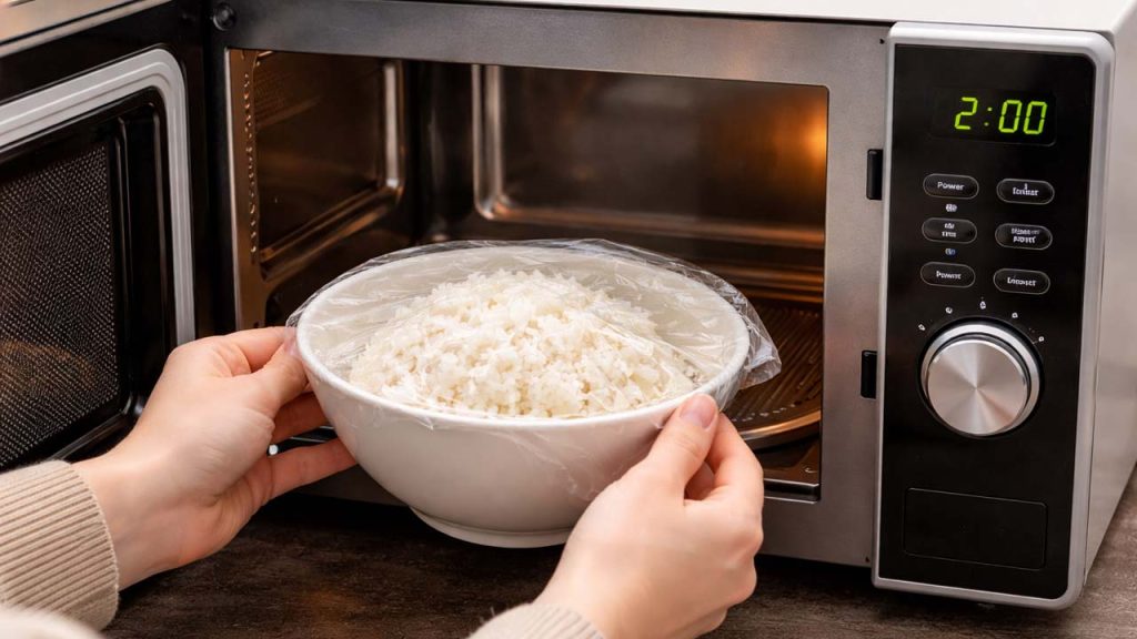 Người đặt bát cơm vào lò vi sóng để hâm nóng giúp cơm mềm không bị khô