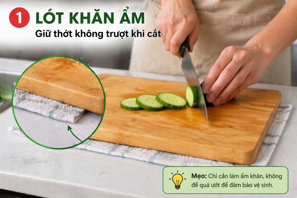 Dùng khăn ẩm dưới thớt để chống trượt khi cắt thực phẩm