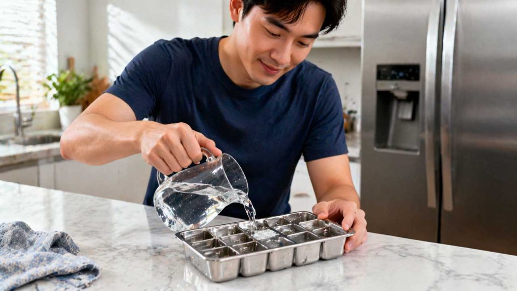 Đổ nước vào khay đá kim loại giúp làm đá nhanh đông hơn