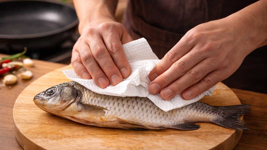 Mẹo chiên cá không dính chảo - Người dùng giấy thấm lau khô cá trước khi chiên giúp cá không bị dính chảo và chiên giòn hơn