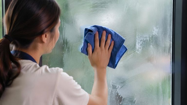 Một người đang lau kính nhưng phát hiện kính bị mờ sau khi lau, xuất hiện vệt nước trên bề mặt kính - Mẹo làm sạch kính không bị mờ