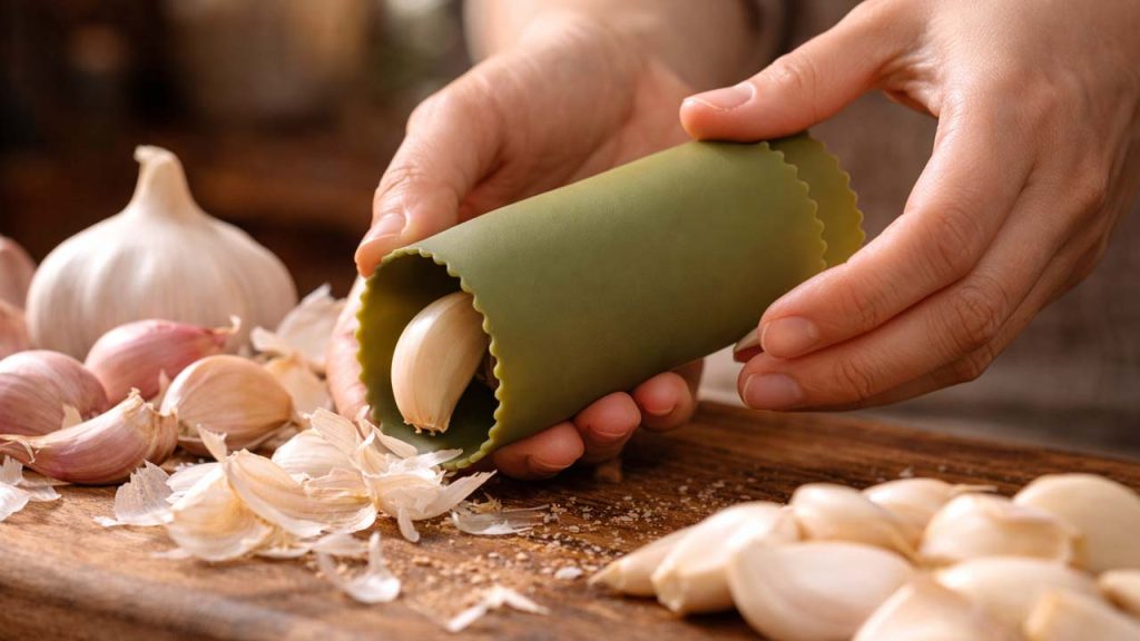 Dùng ống silicone bóc tỏi nhanh trong 10 giây