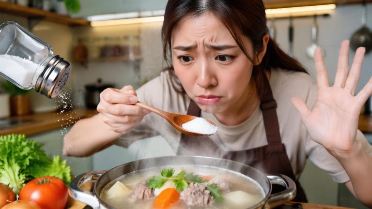 Món ăn bị mặn và người nội trợ đang lo lắng khi nêm quá tay