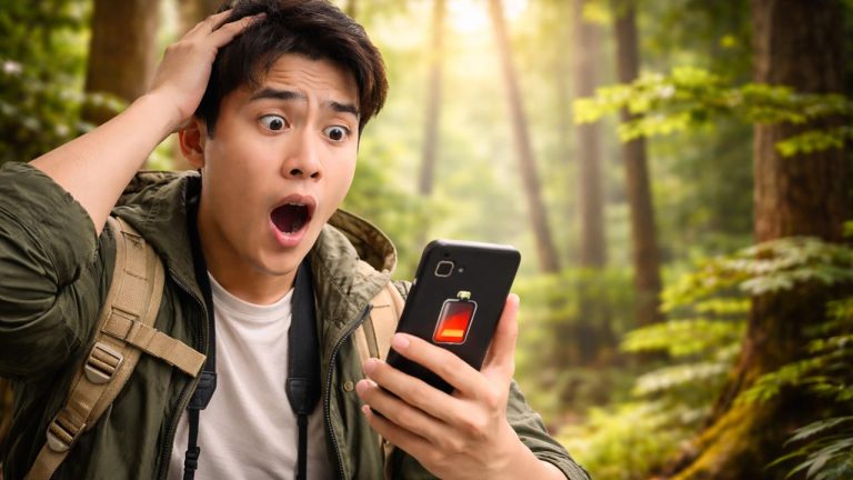 Người đi du lịch trong rừng phát hiện điện thoại sắp hết pin và cần áp dụng mẹo giữ pin điện thoại lâu hết hơn
