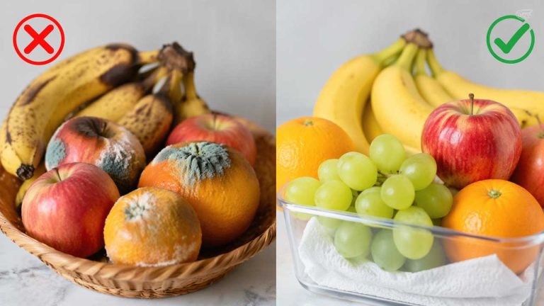 Mẹo giữ trái cây không nhanh chín với hình ảnh so sánh trái cây hỏng và trái cây tươi