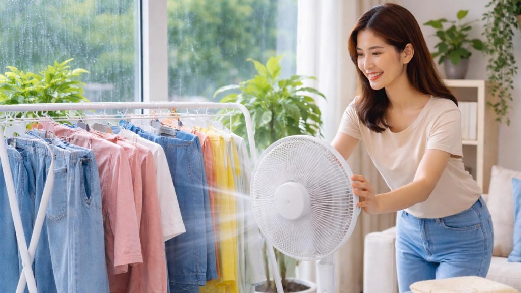 Mẹo làm khô quần áo nhanh trong mùa mưa bằng quạt và phơi trong nhà