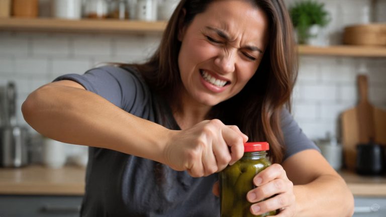 Người đang cố gắng mở nắp lọ thủy tinh bị kẹt trong nhà bếp - Mẹo mở nắp chai lọ bị kẹt