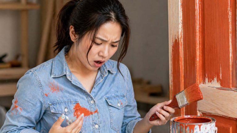 Quần áo bị dính nước sơn dầu khi đang sơn cửa bằng cọ