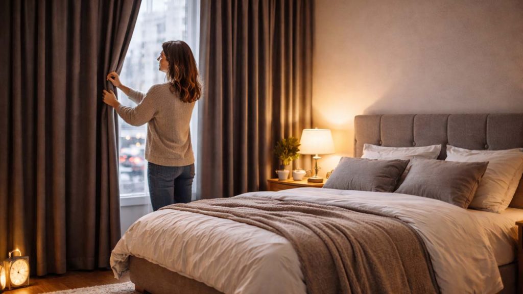 Người kéo rèm cửa dày giúp giảm tiếng ồn và ánh sáng trong phòng ngủ