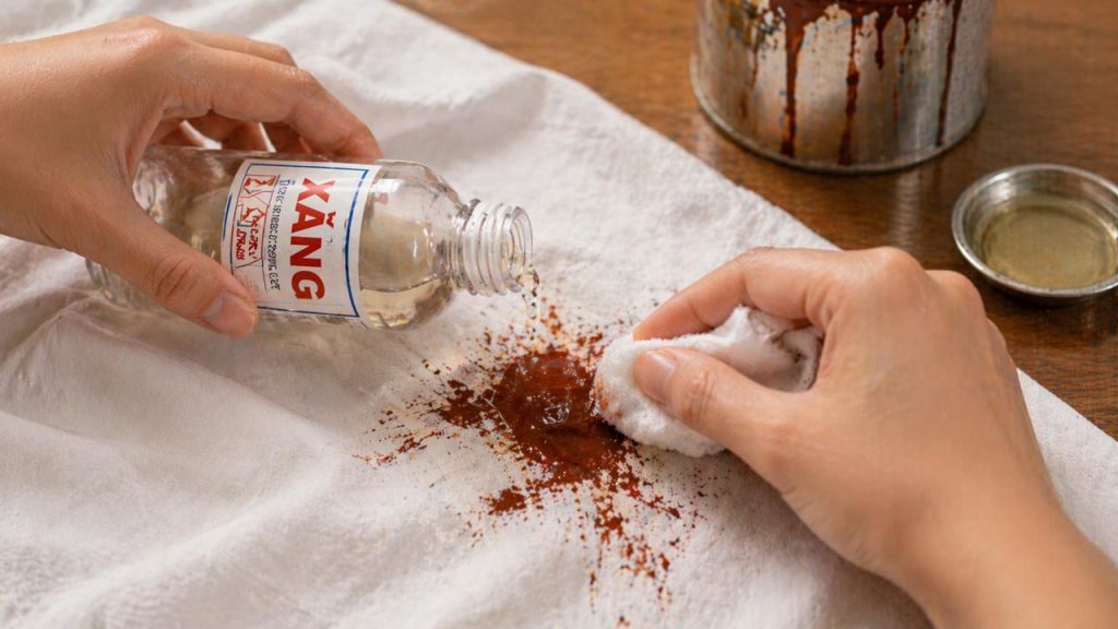 Dùng xăng hoặc dầu hỏa để tẩy sơn dầu trên quần áo