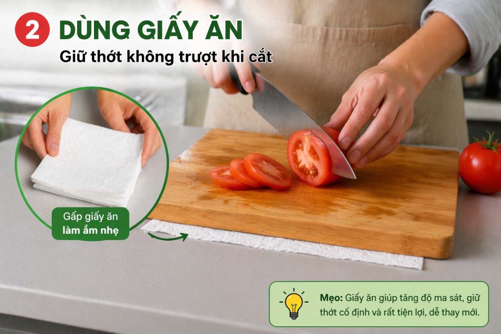 Thớt có đế cao su chống trượt giúp cắt an toàn hơn