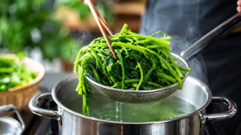 Một người đang vớt rau muống luộc xanh mướt từ nồi nước nóng - Cách Luộc Rau Muống Xanh Giòn