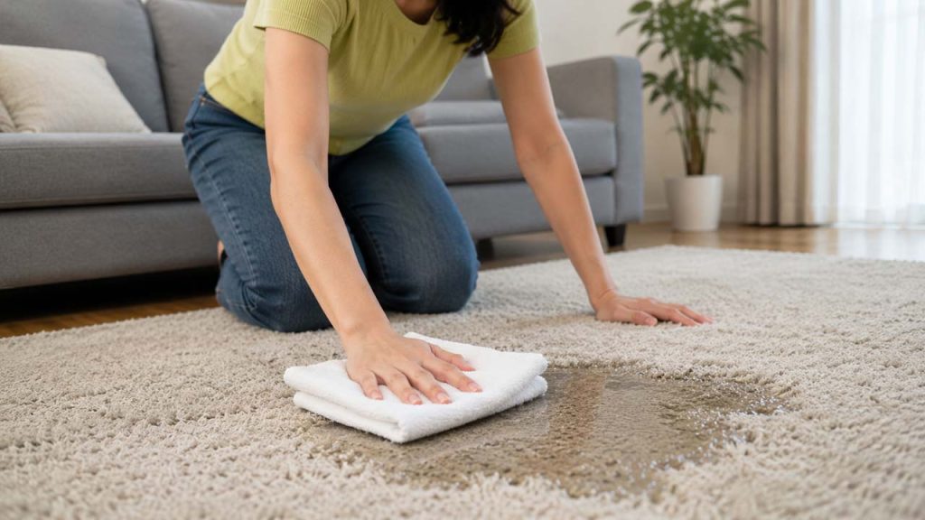 Dùng khăn khô thấm nước ngay lập tức khi thảm bị ướt