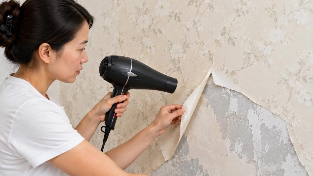 Dùng máy sấy tóc làm mềm keo giấy dán tường