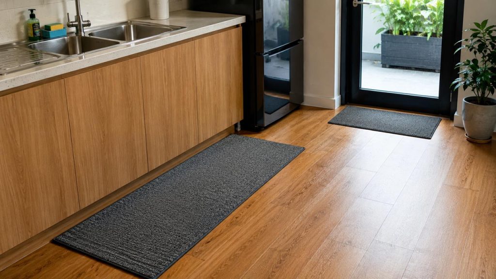 Thảm đặt gần cửa ra vào để bảo vệ sàn gỗ khỏi nước