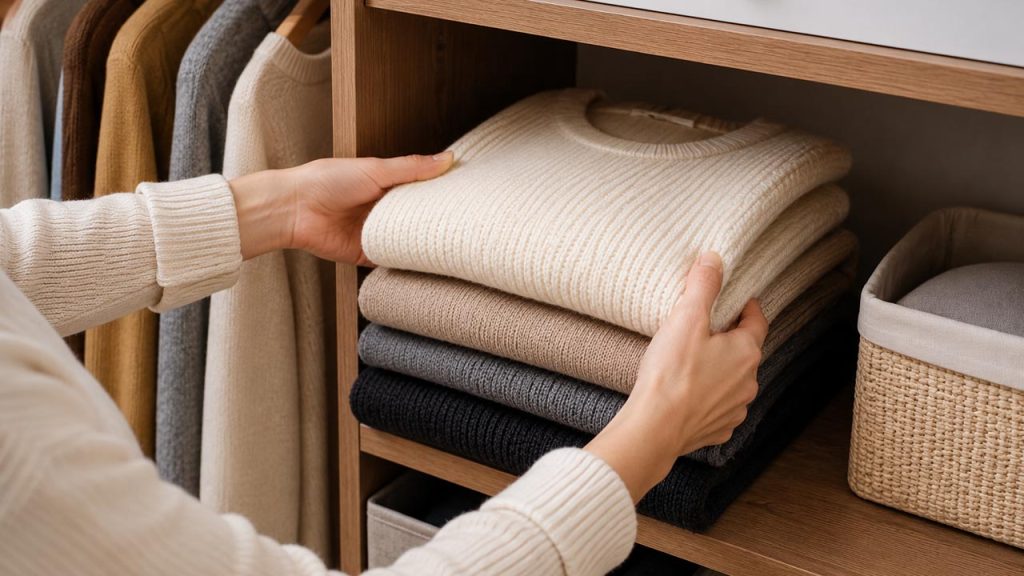 Gấp áo len gọn gàng thay vì treo để tránh giãn và xù lông