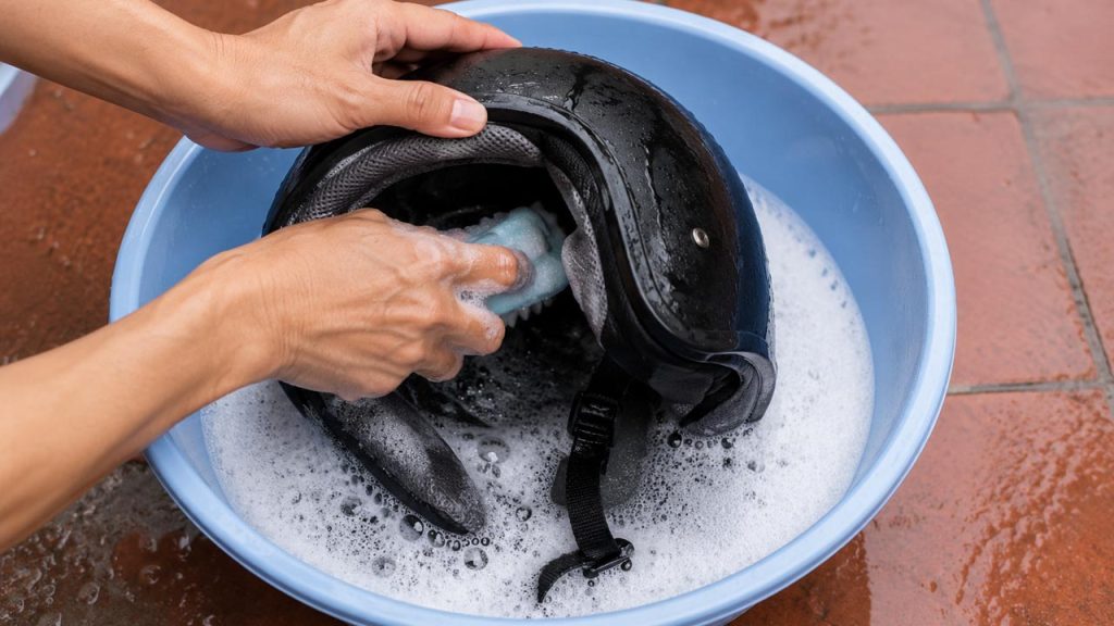 Giặt nón bảo hiểm bằng xà bông trong thau nhựa