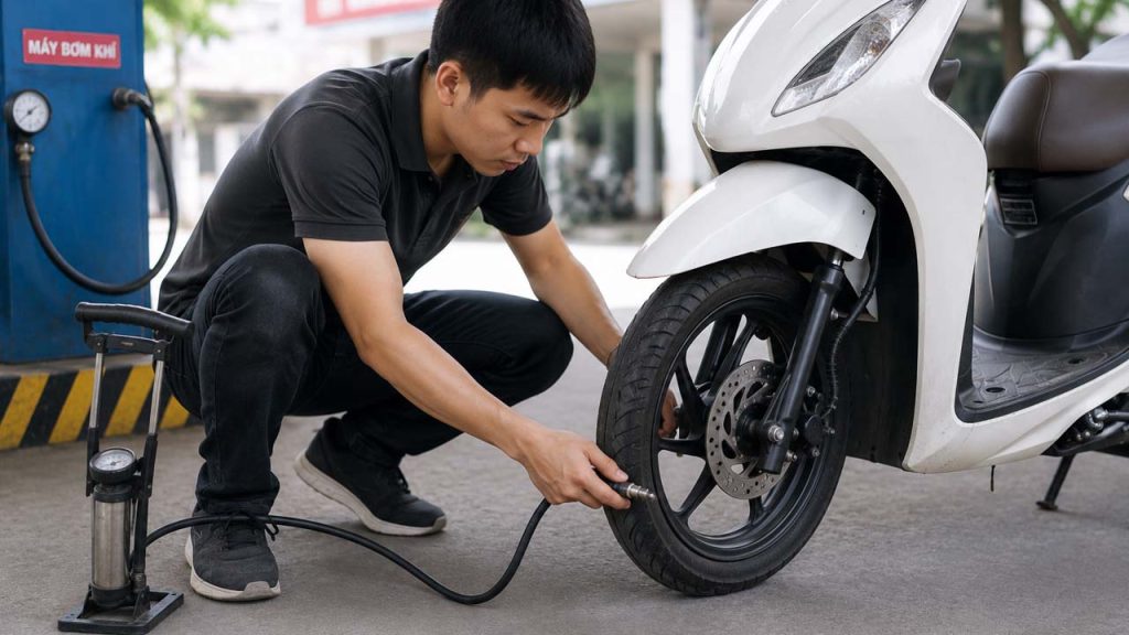 Một người đang bơm lốp xe máy đúng áp suất để tiết kiệm xăng