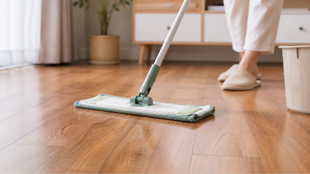 Lau sàn gỗ bằng khăn ẩm vừa phải để tránh bị phồng