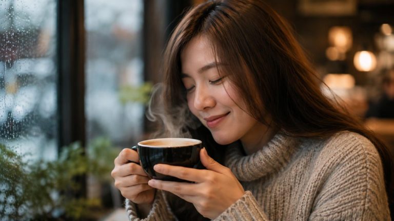 Một người đang nhâm nhi ly cà phê nóng hổi với vẻ mặt hài lòng trong không gian ấm cúng - Mẹo giữ ly cà phê nóng lâu hơn hiệu quả