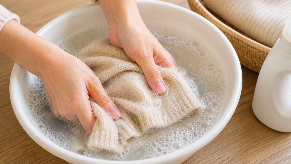 Giặt áo len bằng nước giặt dịu nhẹ để hạn chế xù lông
