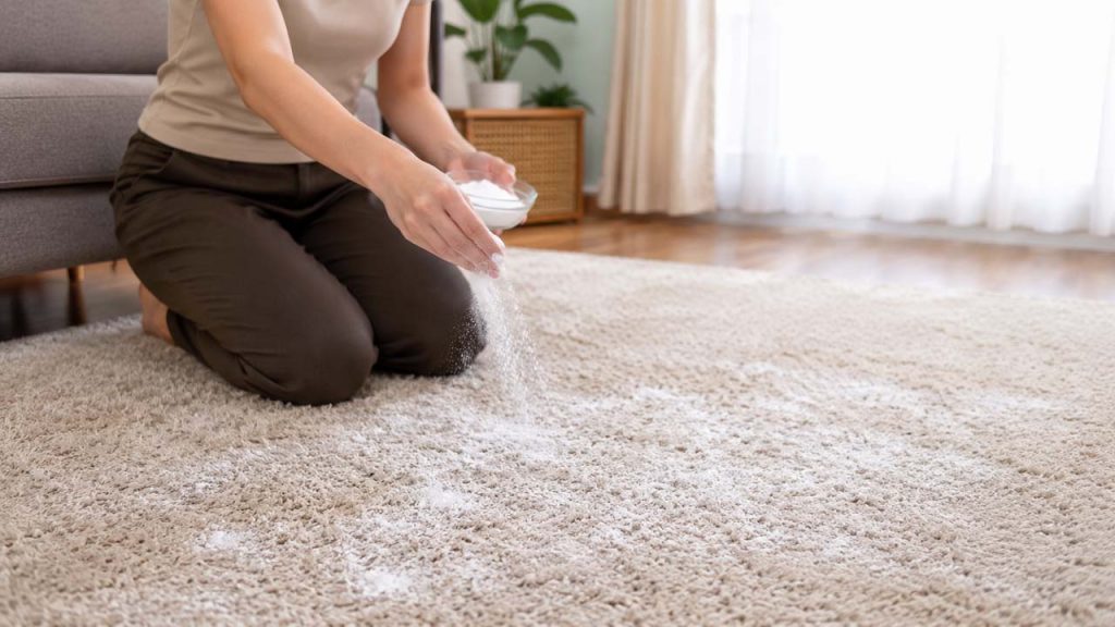 Rắc baking soda để khử mùi trên thảm bị ướt