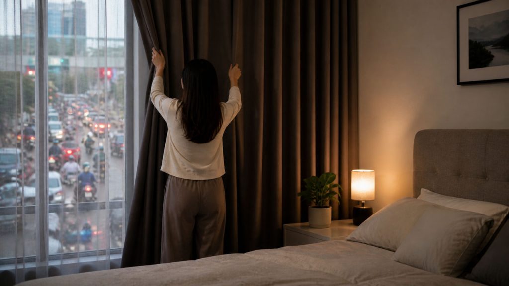 Rèm cửa dày giúp giảm tiếng ồn phòng ngủ hiệu quả