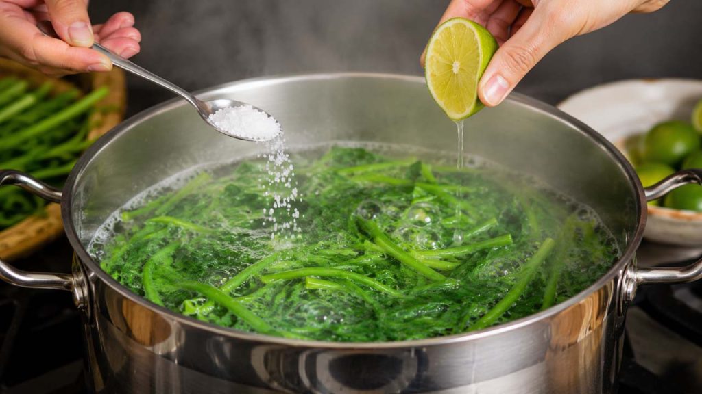Cho muối và chanh vào nồi rau muống đang luộc để giữ màu xanh