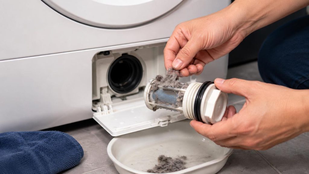 Kiểm tra và vệ sinh bộ lọc xơ vải trong máy giặt để ngăn mùi hôi