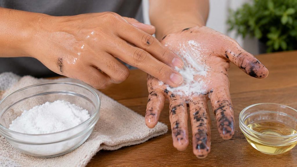 Baking soda kết hợp dầu ăn giúp tẩy sơn trên tay