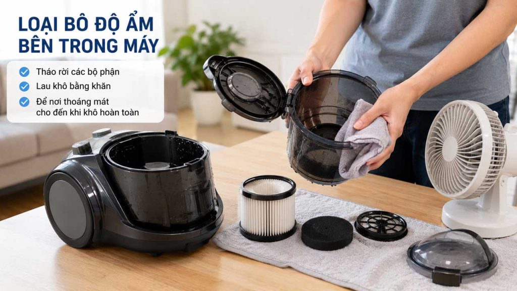 Loại bỏ độ ẩm bên trong giúp ngăn mùi hôi trong máy hút bụi