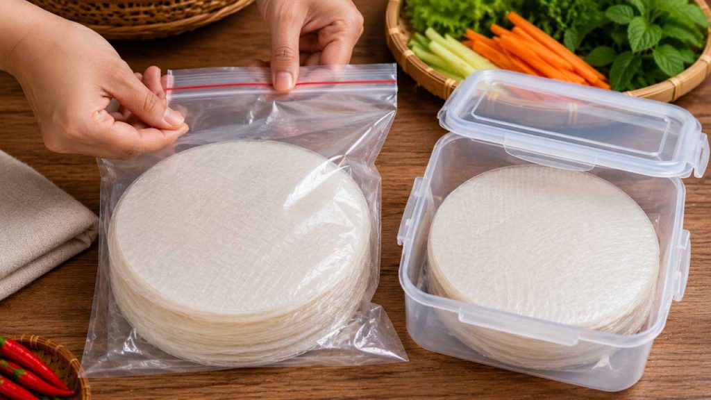 Bảo quản bánh tráng phơi sương trong túi zip hoặc hộp kín