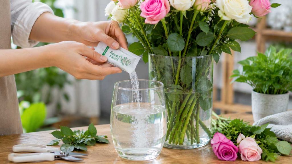 Người cho dung dịch dưỡng hoa vào bình nước