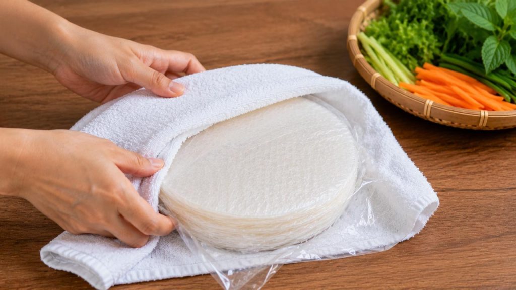 Bọc thêm khăn sạch khi bảo quản bánh tráng phơi sương