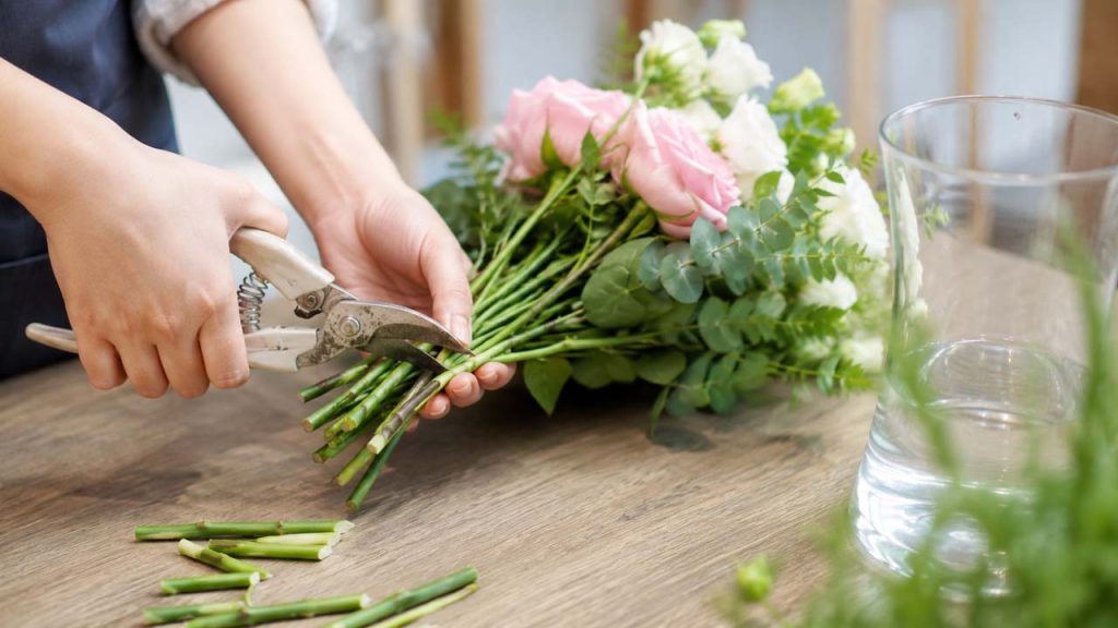 Đôi tay đang dùng kéo cắt chéo gốc hoa trước khi cắm vào bình