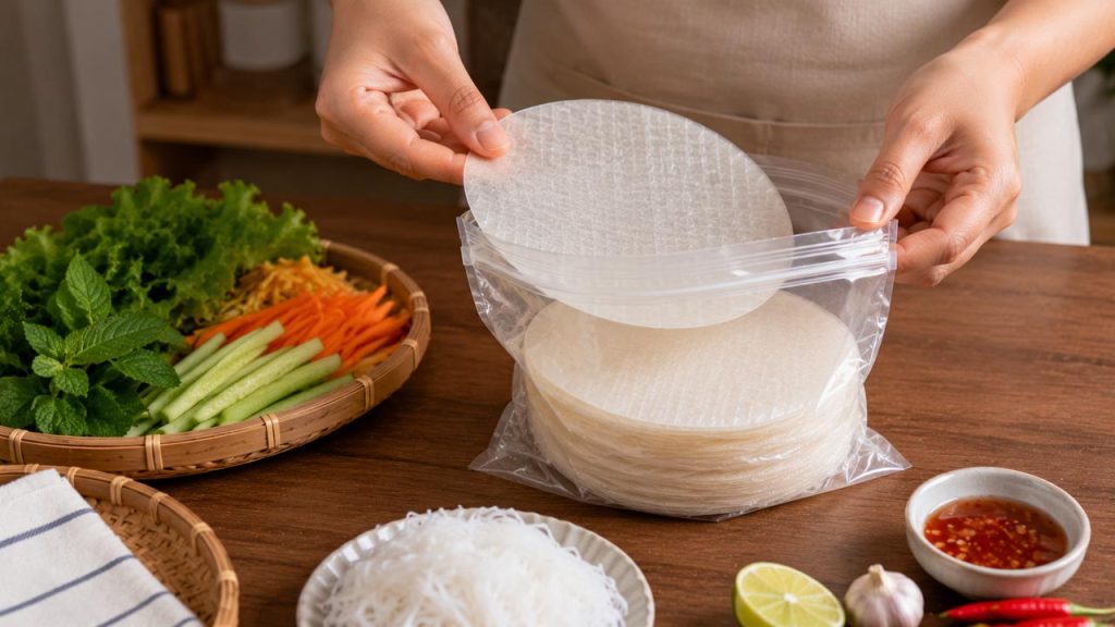Chỉ lấy lượng bánh tráng vừa đủ mỗi lần sử dụng