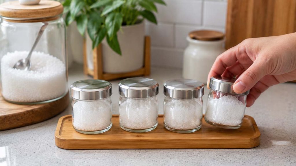 Chia muối thành nhiều hũ nhỏ giúp ngăn muối bị vón cục trong hũ