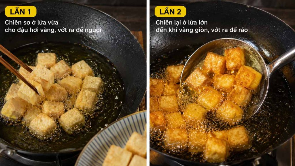 Chiên đậu hũ hai lần để tăng độ giòn