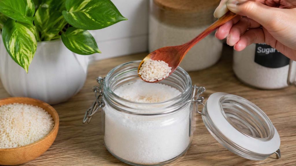 Cho một ít gạo vào hũ muối để hút ẩm và chống vón cục