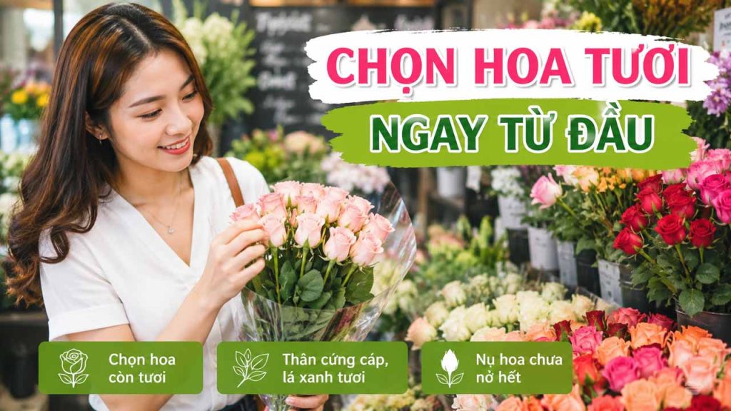 Người phụ nữ đang lựa chọn những bó hoa tươi tại cửa hàng hoa