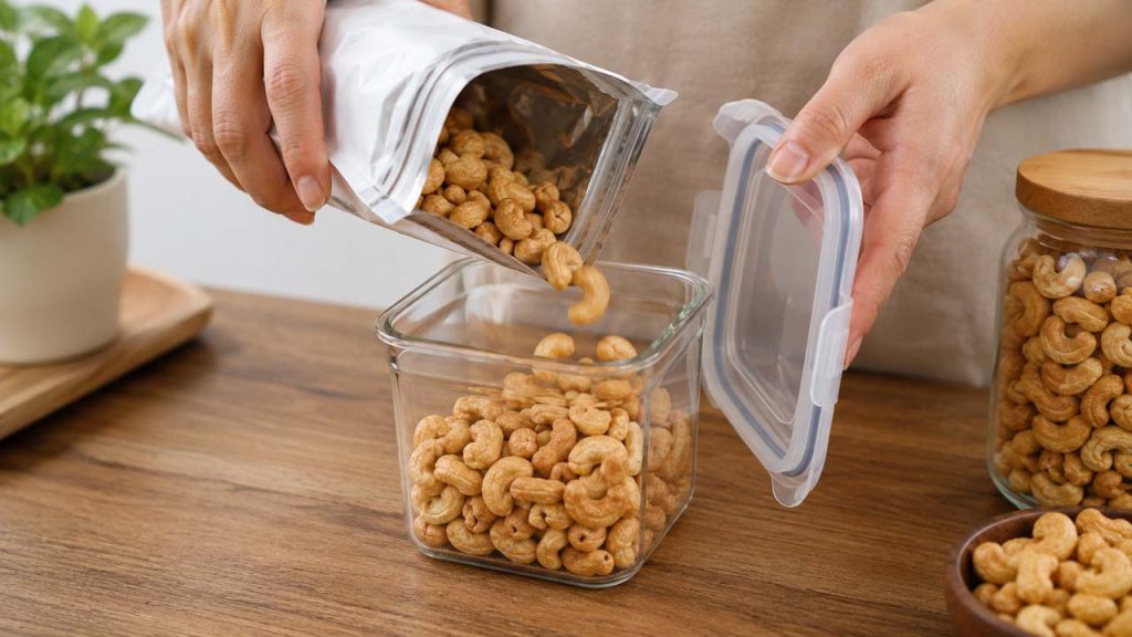 Chuyển hạt điều sang hộp kín có nắp đậy